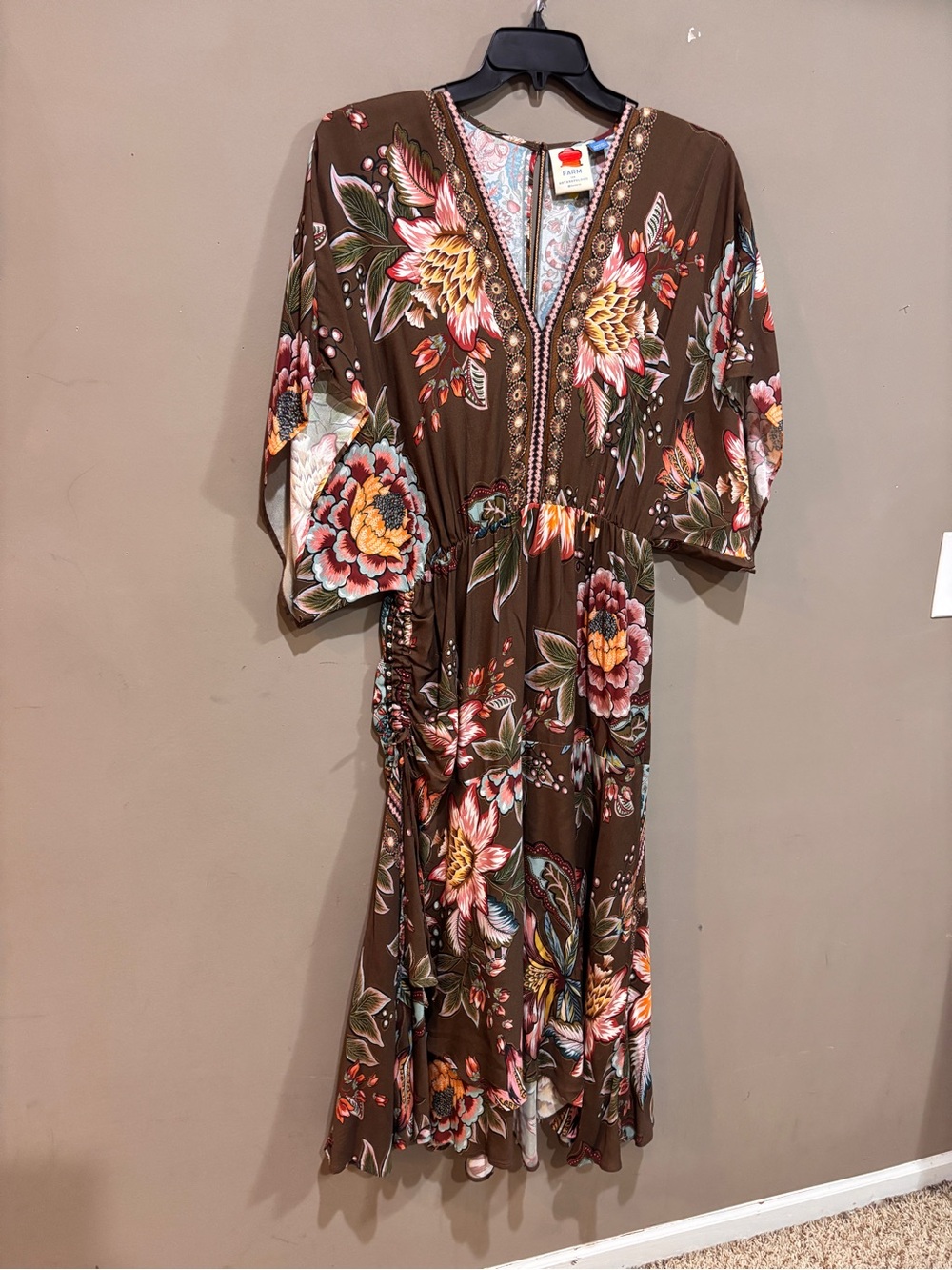 Farm Rio x Anthropologie Valentina Ruched Floral Midi Dress Brown Size PM Petite - Picture 4 of 10